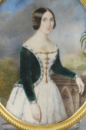 XIXe siècle - Portrait de femme en pie, miniature sur ivoire.Signée A.Jourdin et datée de 1845