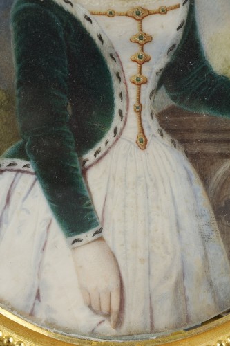 Louis-Philippe - Portrait de femme en pie, miniature sur ivoire.Signée A.Jourdin et datée de 1845