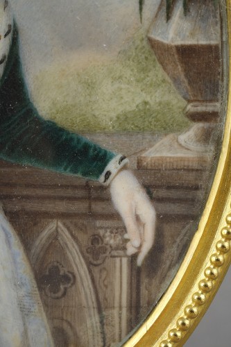 Antiquités - Portrait de femme en pie, miniature sur ivoire.Signée A.Jourdin et datée de 1845