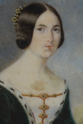 Antiquités - Portrait de femme en pie, miniature sur ivoire.Signée A.Jourdin et datée de 1845