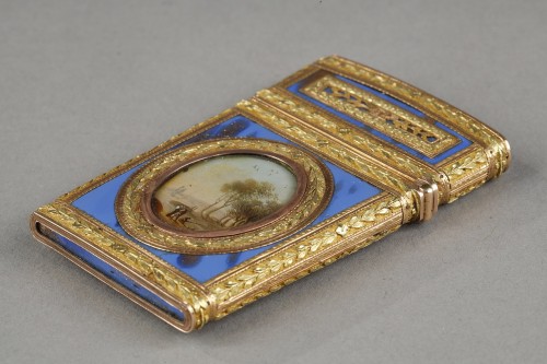 Antiquités - Souvenir case in gold and &quot;aventurine glass&quot; imitating lapis lazuli