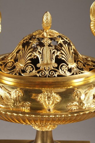 Centre de table brûle-parfum en bronze doré et marbre, époque Empire - Ouaiss Antiquités