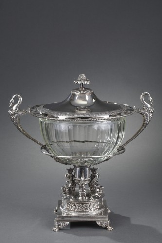 19th century  silver and cut- crystal confiturier with 12 spoons, Restaurat - Antique Silver Style Restauration - Charles X