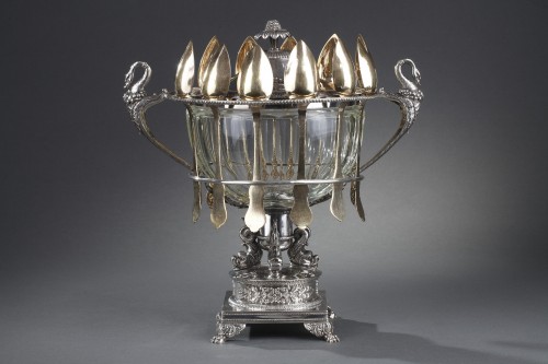 19th century  silver and cut- crystal confiturier with 12 spoons, Restaurat - 