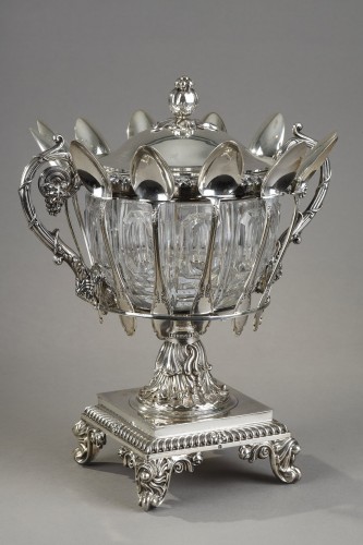 A crystal and silver jam dish with spoons, 19th century - Antique Silver Style Napoléon III