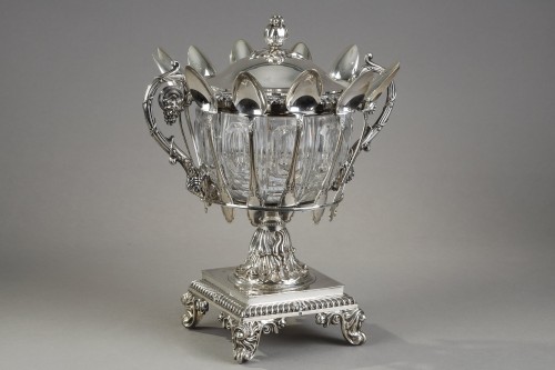 Argenterie et Orfèvrerie  - Confiturier en cristal et argent avec ses cuillères, France XIXe siècle