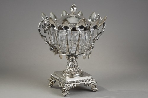 Argenterie et Arts de la table  - Confiturier en cristal et argent avec ses cuillères, France XIXe siècle