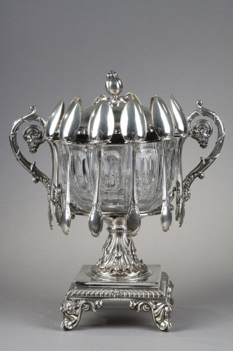 A crystal and silver jam dish with spoons, 19th century - 