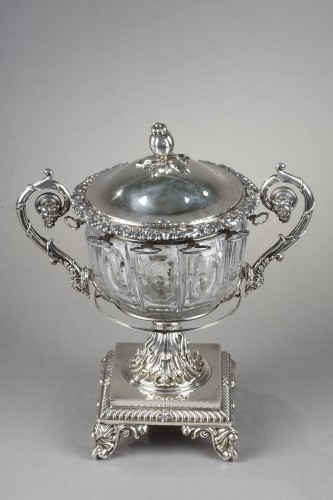Napoléon III - Confiturier en cristal et argent avec ses cuillères, France XIXe siècle