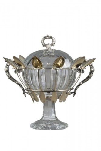 Mid-19th century jam pot in cut-crystal and silver signed Martial Fray with