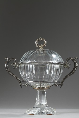 19th century - Mid-19th century jam pot in cut-crystal and silver signed Martial Fray with