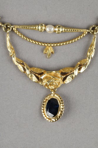 Antiquités - Art Nouveau gold, fine pearls and sapphir Necklace