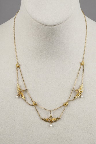 Gold, pearl and diamond necklace - French work circa 1900 - Antique Jewellery Style Art nouveau