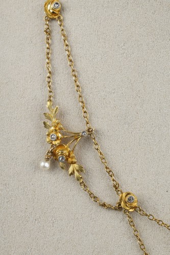 Gold, pearl and diamond necklace - French work circa 1900 - Art nouveau