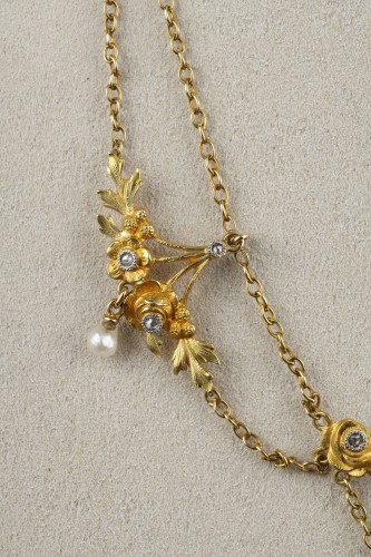 Art nouveau - Gold, pearl and diamond necklace - French work circa 1900