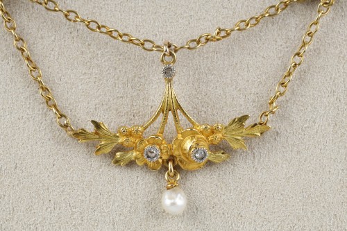 Antiquités - Gold, pearl and diamond necklace - French work circa 1900
