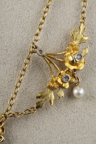 Antiquités - Gold, pearl and diamond necklace - French work circa 1900
