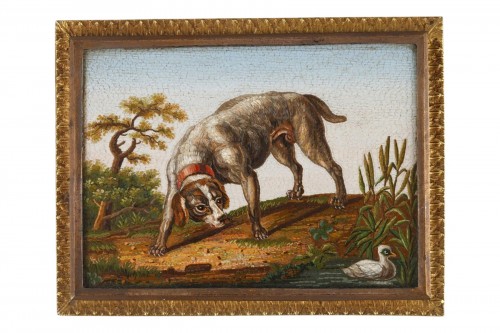 Micro-mosaïque "Chien chassant un canard" d'après GIOACCHINO BARBERI XIXe siècle