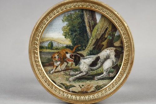 Objets de Vitrine Miniatures - Une micromosaique chien et chat, Italie début du XIXe siècle
