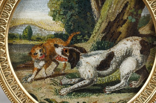 XIXe siècle - Une micromosaique chien et chat, Italie début du XIXe siècle