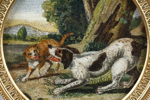 Antiquités - Une micromosaique chien et chat, Italie début du XIXe siècle