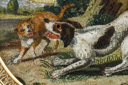 Antiquités - Une micromosaique chien et chat, Italie début du XIXe siècle