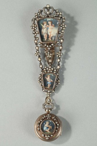 Chatelaine en argent, perles et miniature XIXe siècle - Restauration - Charles X