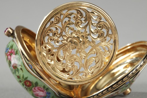 Antiquités - Vinaigrette en or, émail et pierres fines début du XIXe siècle