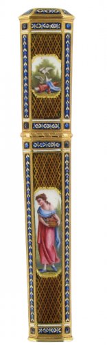 Gold and enamel needle case, Late 18th centur Swiss work