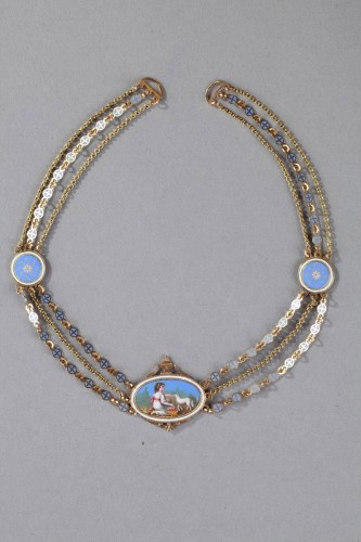 Antiquités - Chain Link Necklace with Gold and Enamel Plates 