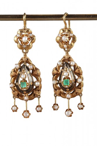 Pair of Gold, Enamel, Pearl, and Emerald Earrings