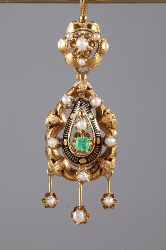 Pair of Gold, Enamel, Pearl, and Emerald Earrings - Antique Jewellery Style Napoléon III