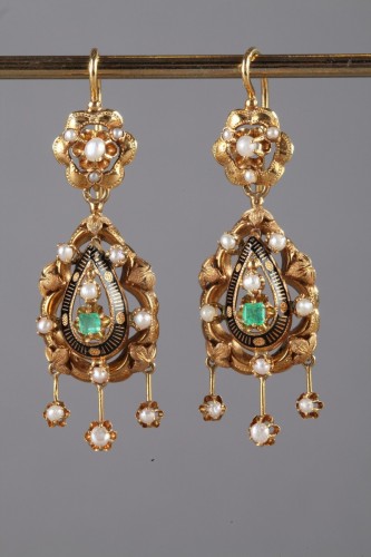 19th century - Pair of Gold, Enamel, Pearl, and Emerald Earrings