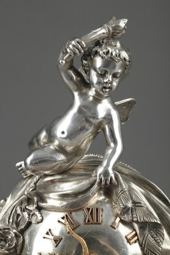 Napoléon III - Pendulette en argent et onyx dans son étui de cuir