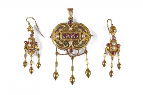 Demi-parure in gold, pearls and gems stones Napoleon III