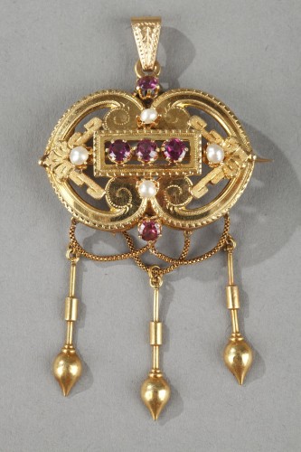 XIXe siècle - Parure d'époque Napoléon III en or, perles, pierres fines