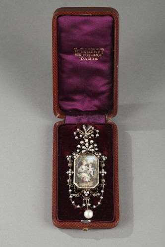 Bijouterie, Joaillerie Pendentif, Collier - Pendentif en vermeil, argent, perles et miniature sur ivoire Napoleon III