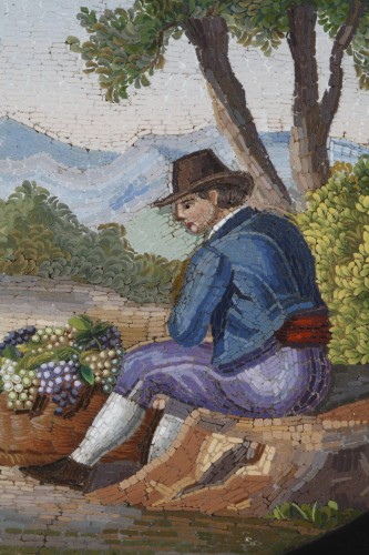 Restauration - Charles X - Grande plaque en marbre noir, lapis lazuli et micromosaique, milieu du XIXe siècle