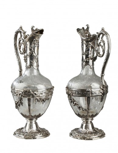 Edmond Tétard - Paire de carafe en argent et cristal gravé