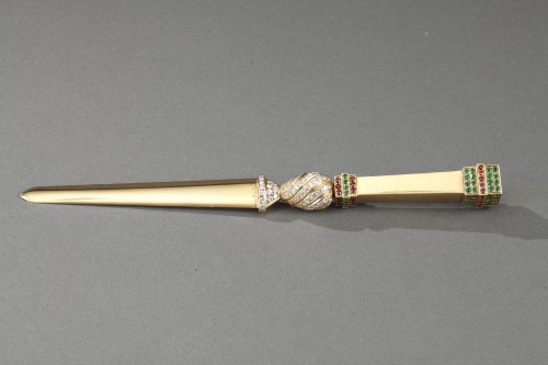 20th century - Gold paper knife with diamond, emerald and rubis