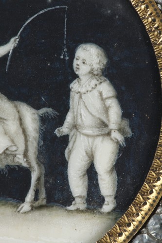 Louis XVI - Boite en thuya, miniature sur ivoire et pierres du rhin