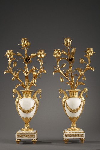 Paire de candélabres en marbre et bronze doré d'époque Louis XVI - Luminaires Style Louis XVI