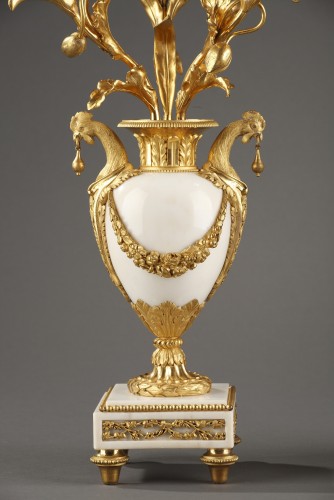 Luminaires Bougeoirs et Chandeliers - Paire de candélabres en marbre et bronze doré d'époque Louis XVI