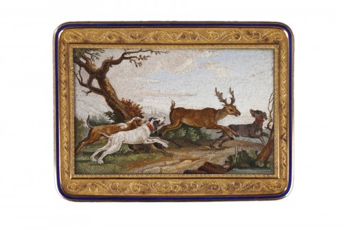 &quot;The stag hunt&quot;.Early 19th century Micromosaic panel attributed to Aguatti