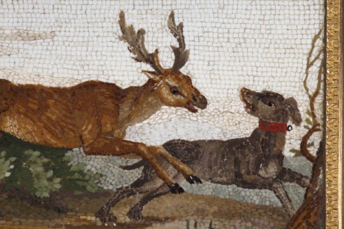 19th century - &quot;The stag hunt&quot;.Early 19th century Micromosaic panel attributed to Aguatti