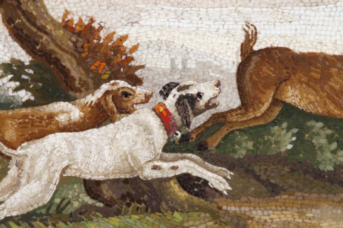 Antiquités - &quot;The stag hunt&quot;.Early 19th century Micromosaic panel attributed to Aguatti