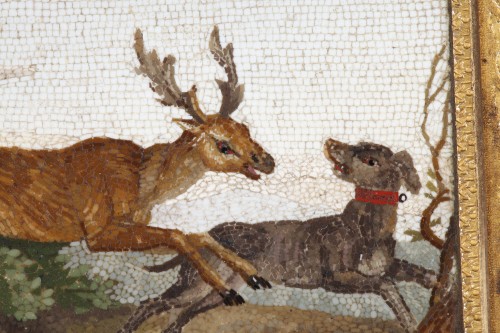 Antiquités - &quot;The stag hunt&quot;.Early 19th century Micromosaic panel attributed to Aguatti