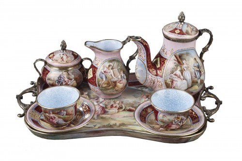 Service à café miniature en argent et émail,  Ludwig Politzer Vienne circa 1890