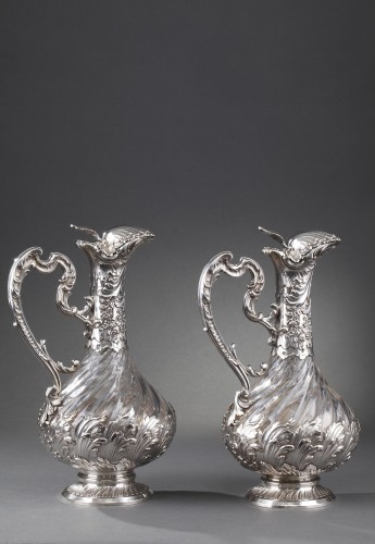Labat &amp; Pugibet. - Late 19th century pair of ewers in crystal and silve - Antique Silver Style Napoléon III