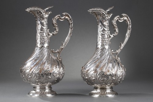 silverware & tableware  - Labat &amp; Pugibet. - Late 19th century pair of ewers in crystal and silve